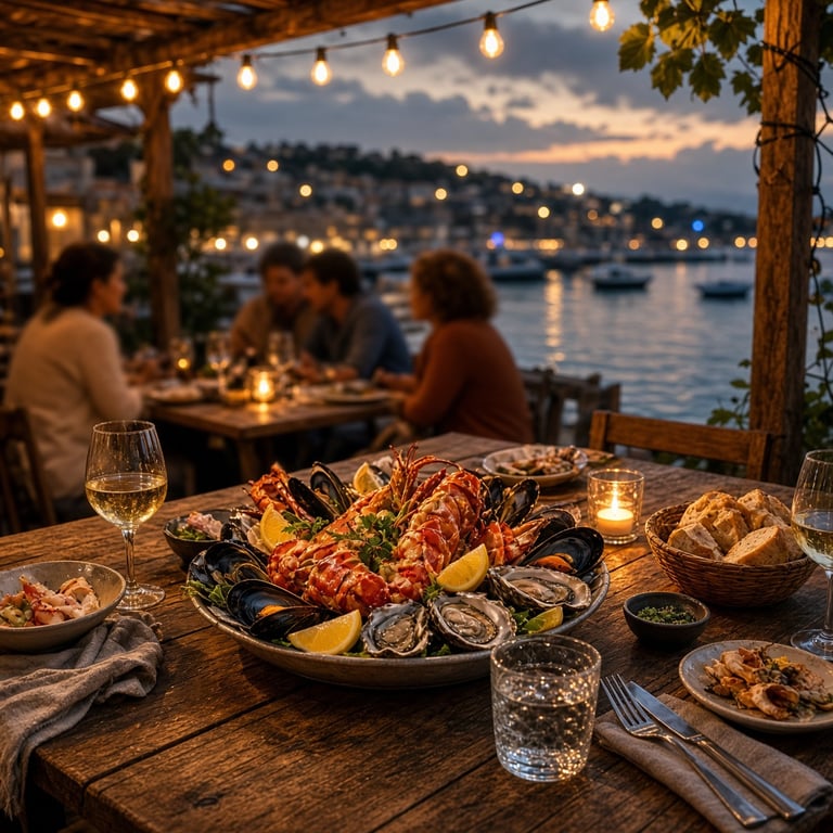 A shared seafood table under warm seaside lights